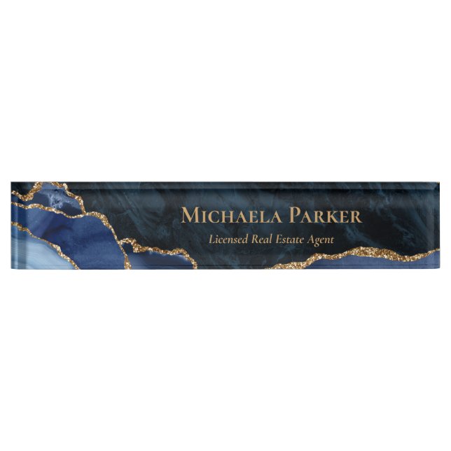 Modern Navy Blue Gold Agate Geode Real Estate Desk Name Plate (Front)
