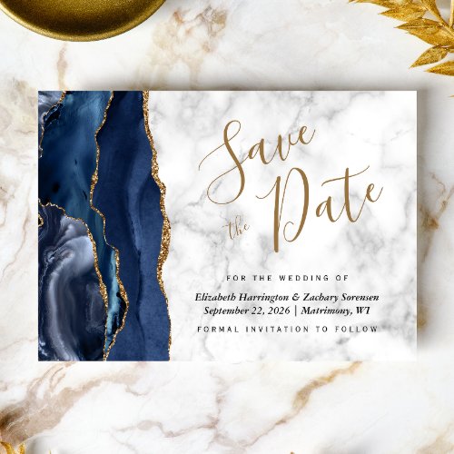Modern Navy Blue Gold Agate Marble Save the Date Invitation
