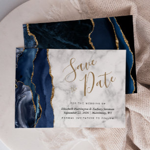 Modern Navy Blue Gold Agate Marble Save the Date Invitation