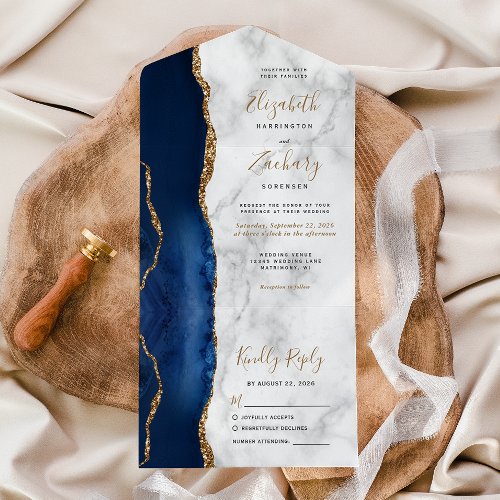 Modern Navy Blue Gold Agate Marble Wedding All In One Invitation
