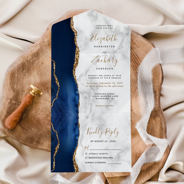 Modern Navy Blue Gold Agate Marble Wedding All In One Invitation (Creator Uploaded)