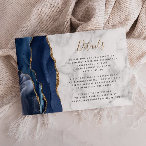 Modern Navy Blue Gold Agate Marble Wedding Details Enclosure Card