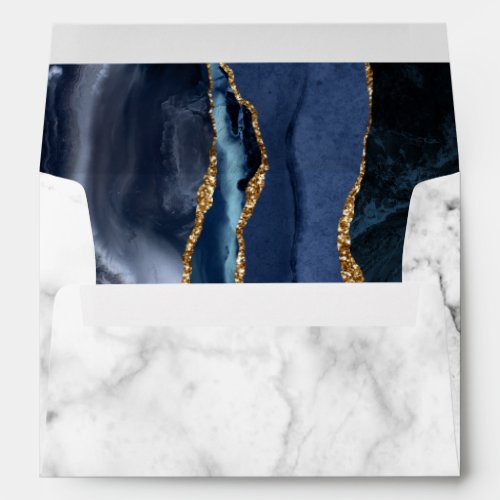 Modern Navy Blue Gold Agate Marble Wedding Envelope