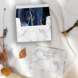 Modern Navy Blue Gold Agate Marble Wedding Envelope