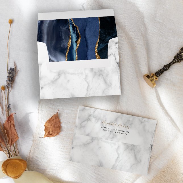 Modern Navy Blue Gold Agate Marble Wedding Envelope (Creator Uploaded)