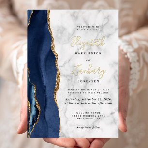 Modern Navy Blue Gold Agate Marble Wedding Foil Invitation
