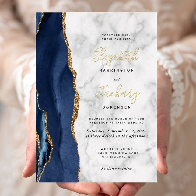 Modern Navy Blue Gold Agate Marble Wedding Foil Invitation (Creator Uploaded)