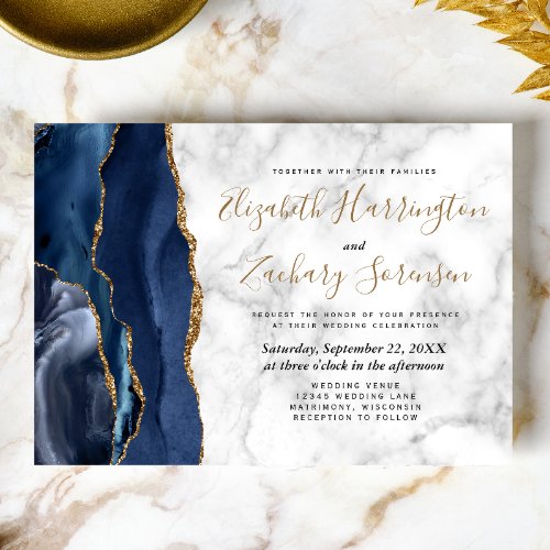 Modern Navy Blue Gold Agate Marble Wedding Invitation