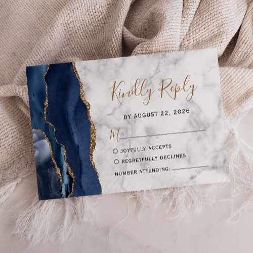 Modern Navy Blue Gold Agate Marble Wedding RSVP Card