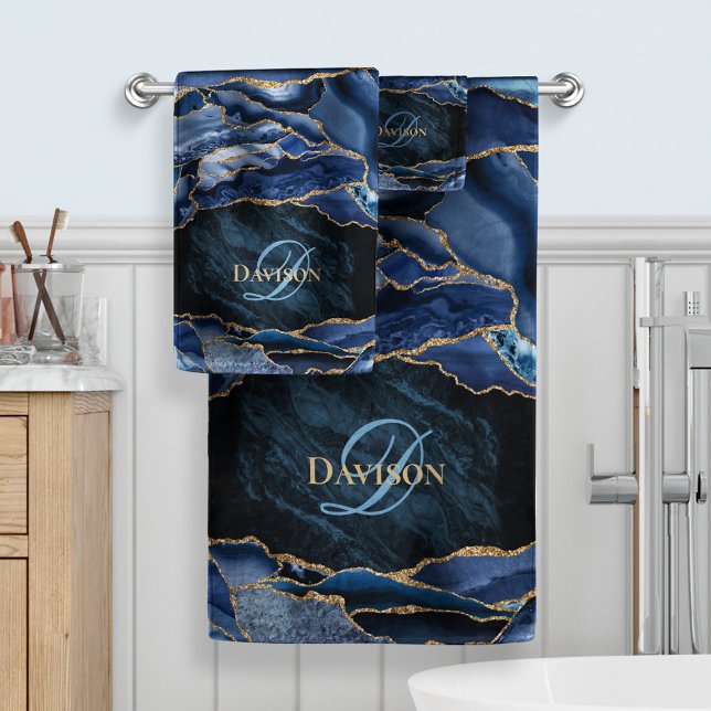 Modern Navy Blue Gold Agate Monogram Bath Towel Set (Creator Uploaded)