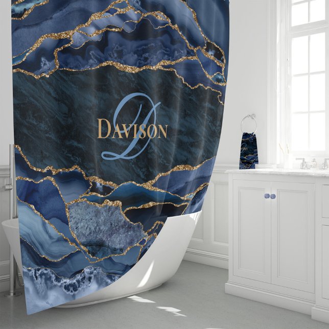 Modern Navy Blue Gold Agate Monogram Shower Curtain (Creator Uploaded)