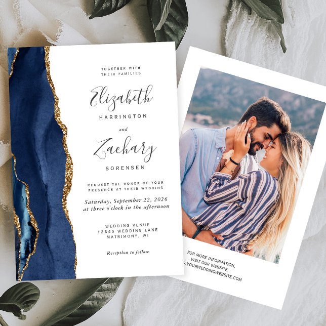 Modern Navy Blue Gold Agate Photo Wedding Invitation (Creator Uploaded)