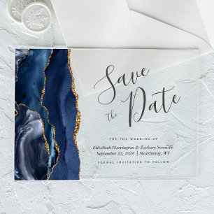 Modern Navy Blue Gold Agate Save the Date