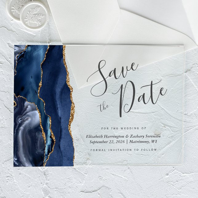 Modern Navy Blue Gold Agate Save the Date (Creator Uploaded)