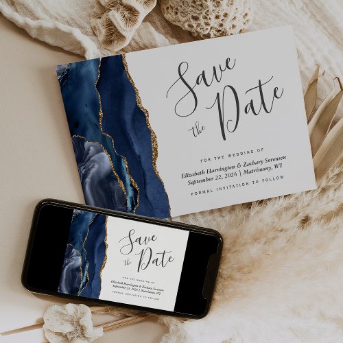 Modern Navy Blue Gold Agate Save the Date Card