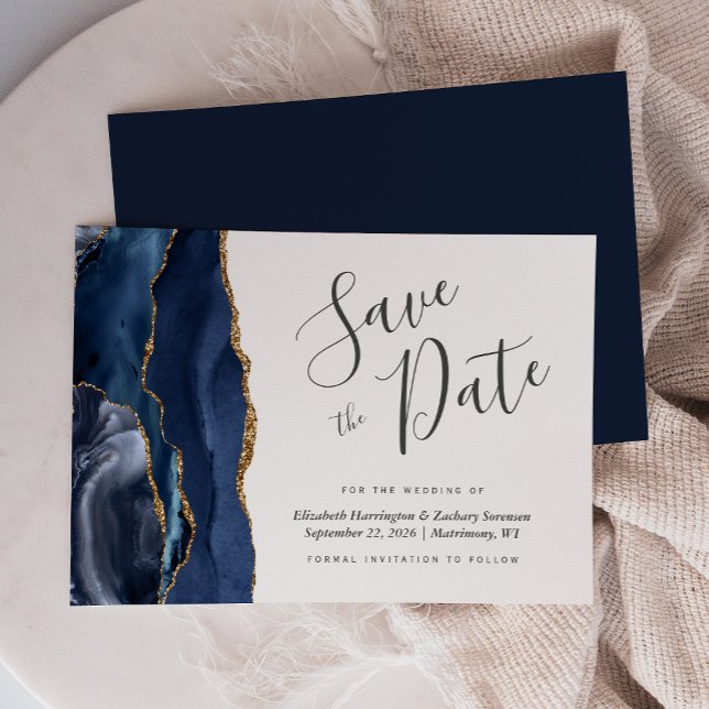 Modern Navy Blue Gold Agate Save the Date Invitation (Creator Uploaded)