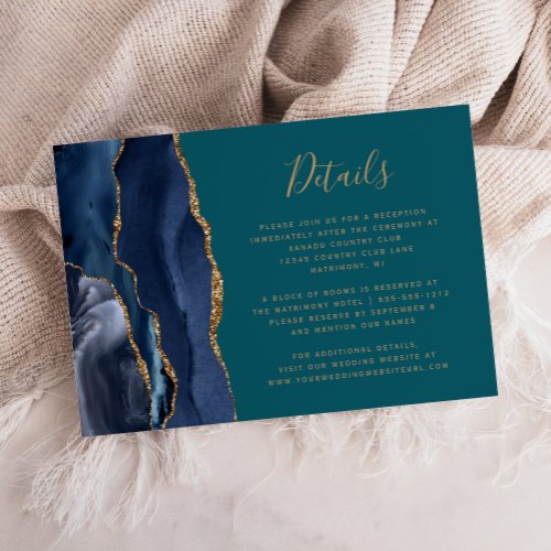 Modern Navy Blue Gold Agate Teal Wedding Details Enclosure Card