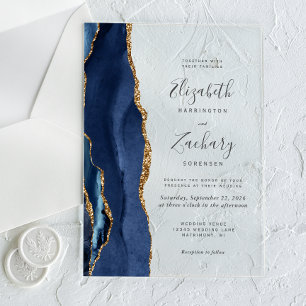 Modern Navy Blue Gold Agate Wedding Acrylic Invitations