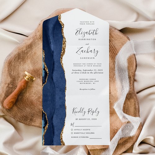 Modern Navy Blue Gold Agate Wedding All In One Invitation