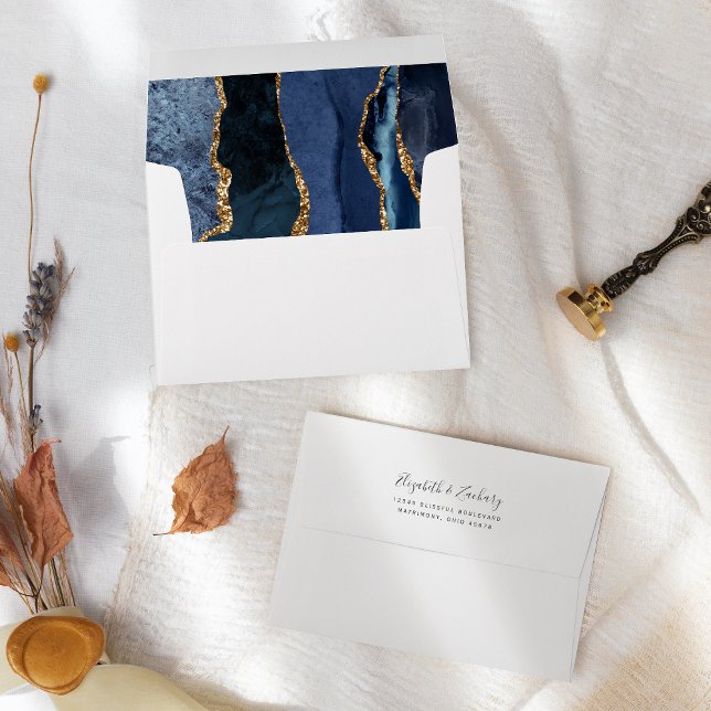 Modern Navy Blue Gold Agate Wedding Envelope (Creator Uploaded)