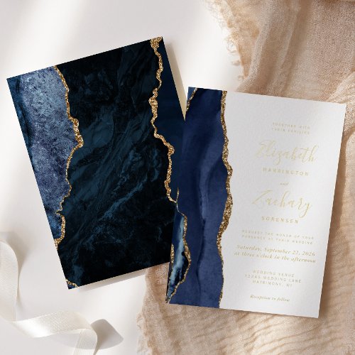 Modern Navy Blue Gold Agate Wedding Foil Invitation