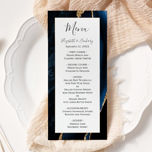 Modern Navy Blue Gold Agate Wedding Menu