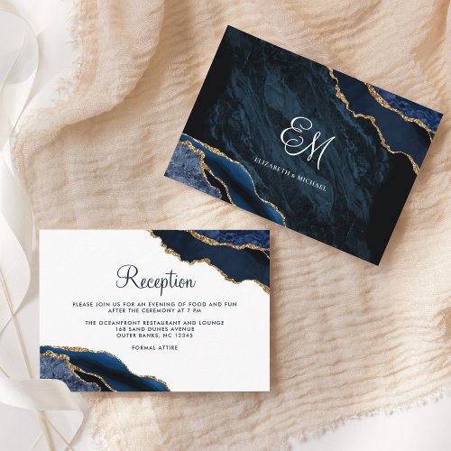 Modern Navy Blue Gold Agate Wedding Reception Enclosure Card