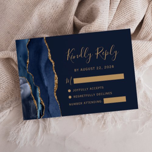 Modern Navy Blue Gold Agate Wedding RSVP Card