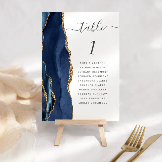 Modern Navy Blue Gold Agate Wedding Table Number Zazzle