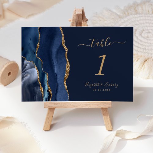 Modern Navy Blue Gold Agate Wedding Table Number