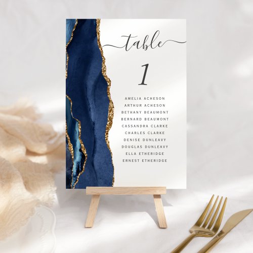 Modern Navy Blue Gold Agate Wedding Table Number