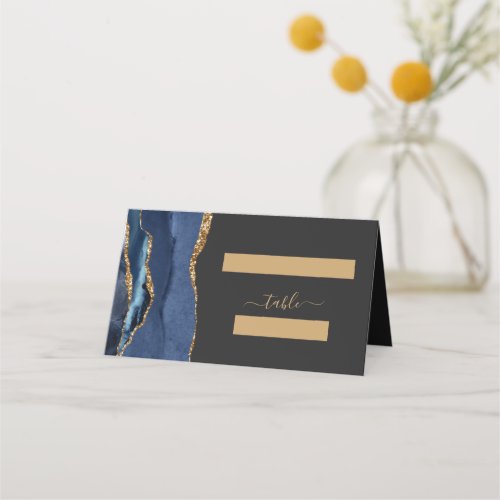 Modern Navy Blue Gold Agate Wedding Table Place Card