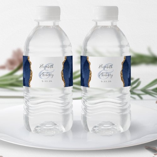 Modern Navy Blue Gold Agate Wedding Water Bottle Label