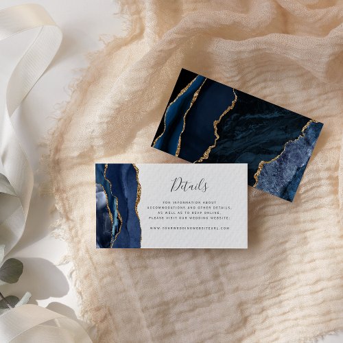 Modern Navy Blue Gold Agate Wedding Website Enclosure Card