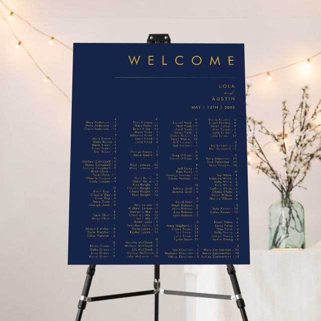 Modern Navy Blue | Gold Alphabetical Seating Chart Foam Board (In Situ (Stand))