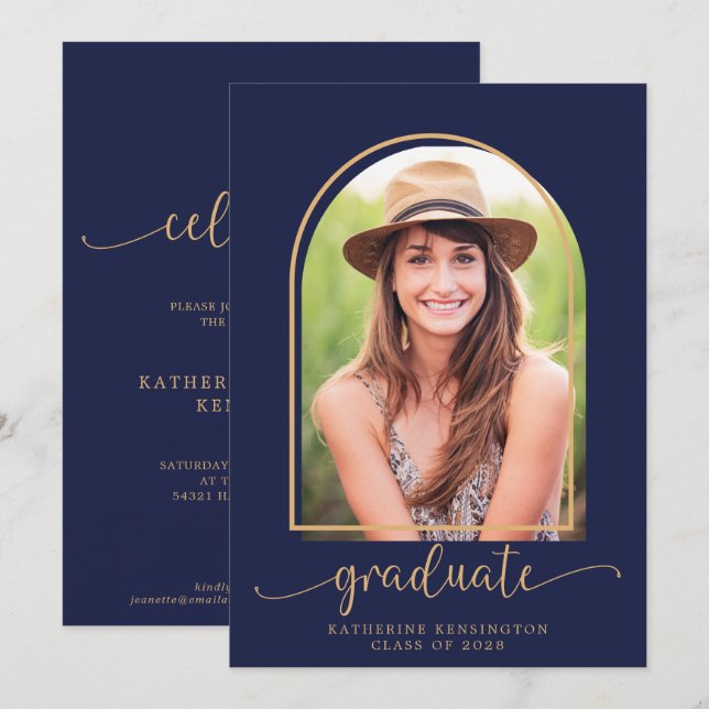 Modern Navy Blue Gold Arch Photo Graduation Invitation (Front/Back)