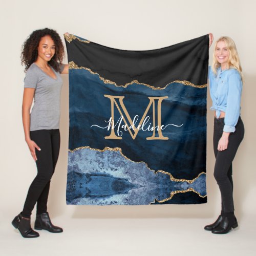 Modern Navy Blue Gold Black Monogram Script Fleece Blanket