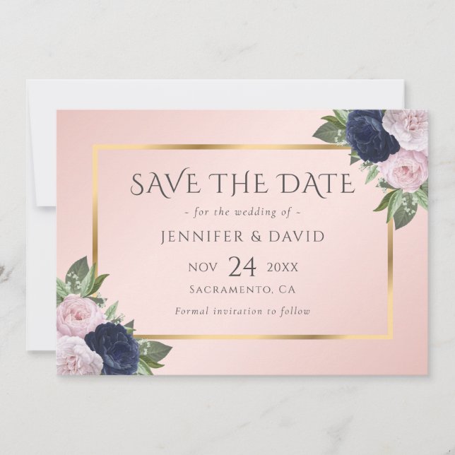 Modern Navy Blue Gold Blush Pink Floral Save The Date (Front)