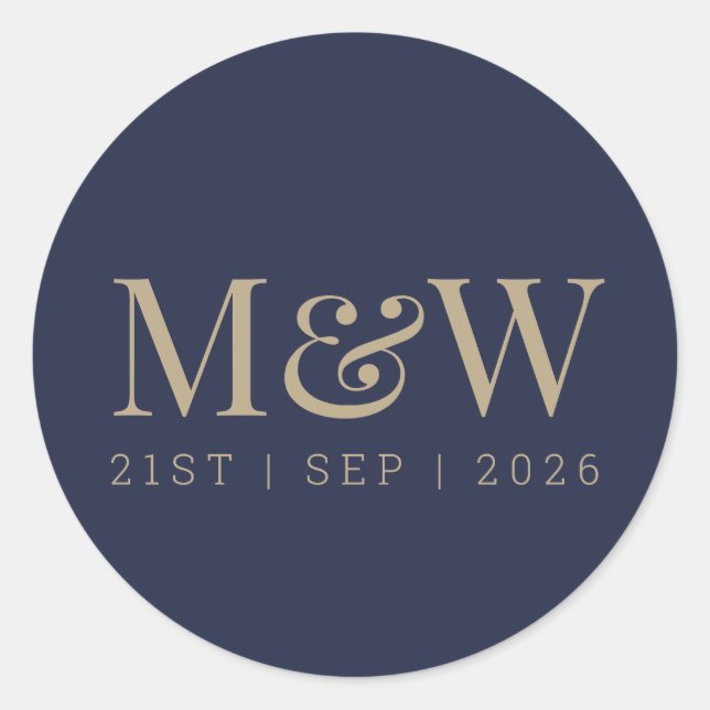 Modern Navy Blue Gold Bride Groom Monogram Classic Round Sticker (Front)