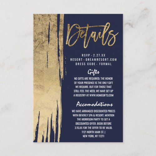 Modern Navy Blue Gold Brushstrokes Wedding Details Enclosure Card
