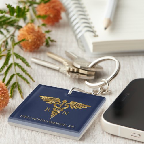 Modern Navy Blue Gold Caduceus RN Nurse Name Title Keychain