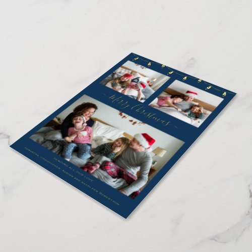 Modern Navy Blue Gold Christmas Collage Photo Foil Holiday Card