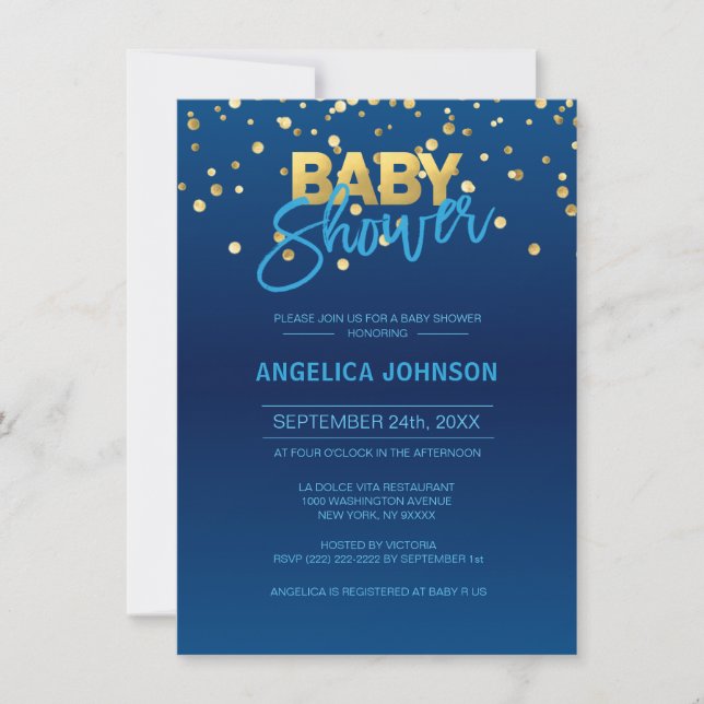 Modern Navy Blue Gold Confetti BOY Baby Shower Invitation (Front)