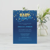 Modern Navy Blue Gold Confetti BOY Baby Shower Invitation (Standing Front)