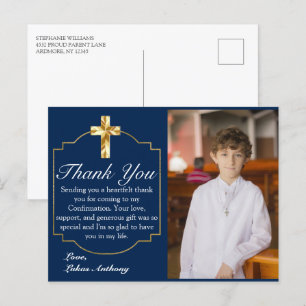 Modern Navy Blue Gold Cross Confirmation Thank You Postcard