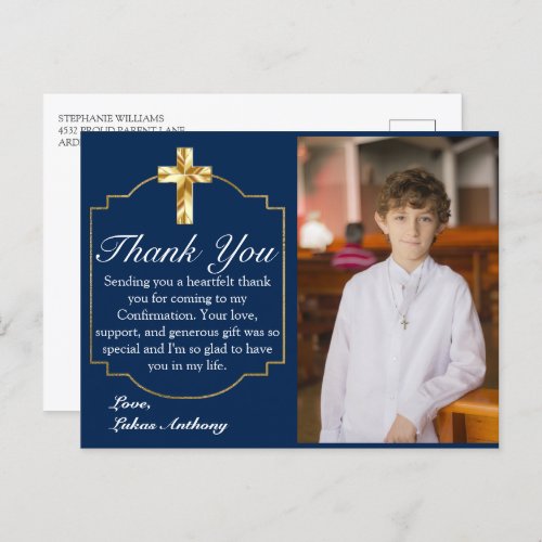 Modern Navy Blue Gold Cross Confirmation Thank You Postcard