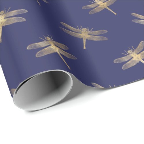 Modern Navy Blue  Gold Dragonfly Pattern Wrapping Paper