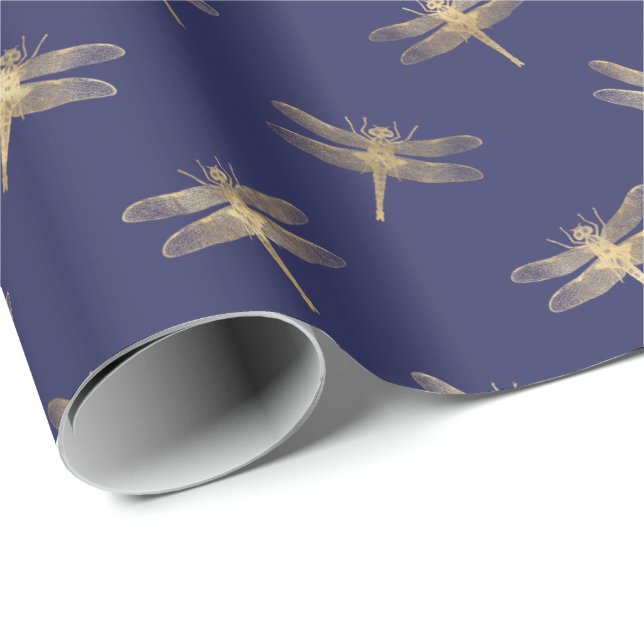 Modern Navy Blue  Gold Dragonfly Pattern Wrapping Paper (Roll Corner)