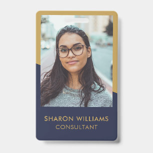 Modern Navy Blue Gold Employee Photo Company Logo Badge