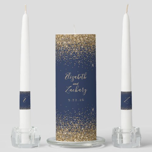 Modern Navy Blue Gold Faux Glitter Edge Unity Candle Set